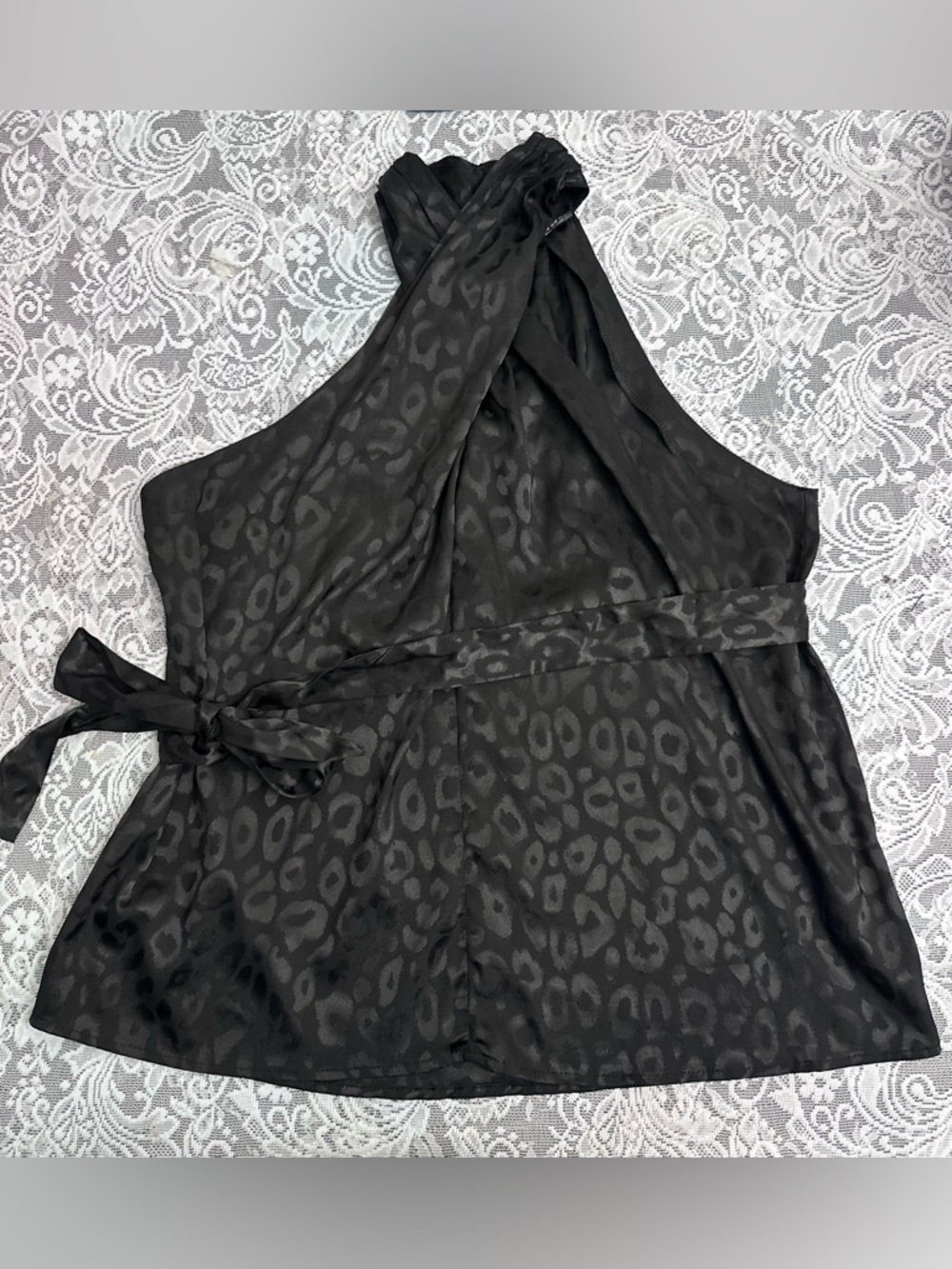 SHEIN Black Satin Leopard Halter Top Tie Waist Size M